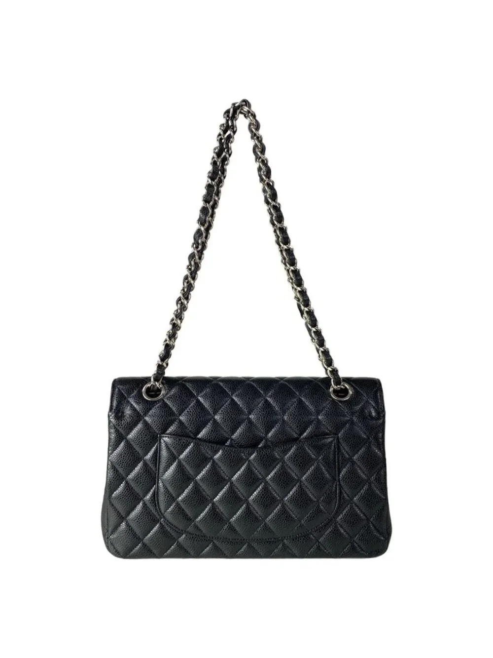 Chanel Shoulder Bag Double Flap Quilted Black Chain Silver